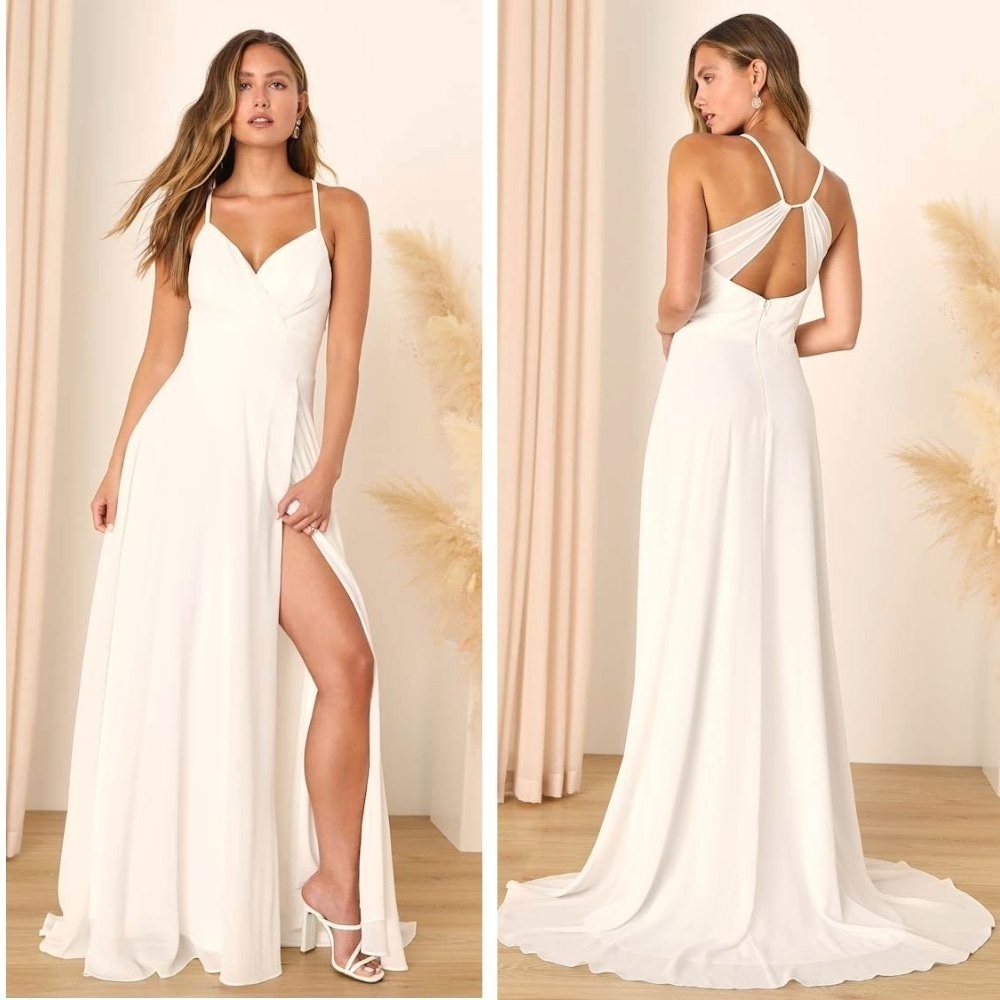 NEW Lulus Romantic Inspiration White Sleeveless Faux-Wrap Maxi Dress, Medium